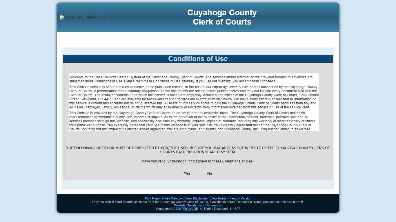 Cuyahoga County Clerk of Courts Site Terms of Service